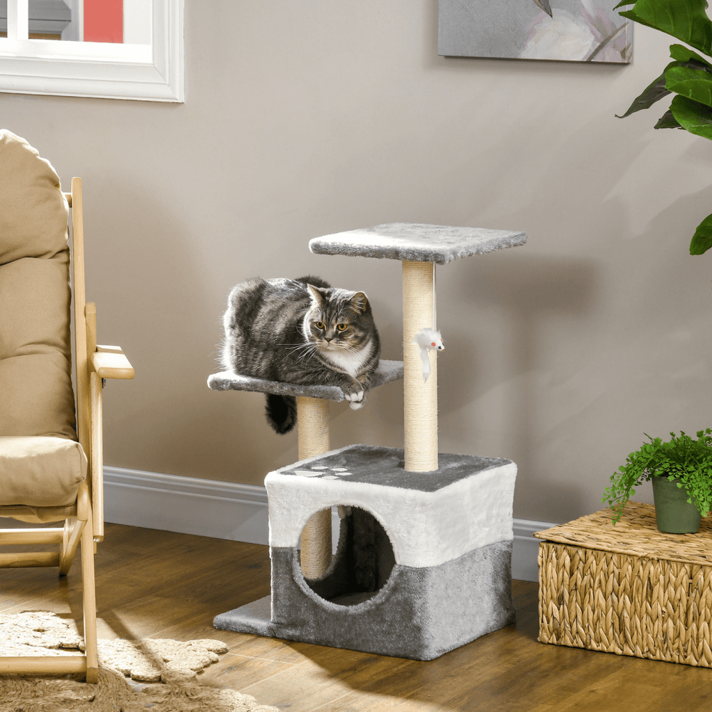 PawHut Cat Tree w/ Sisal Scratching Posts, House, Perches, Toy Mouse - Grey - AKGOmniShop