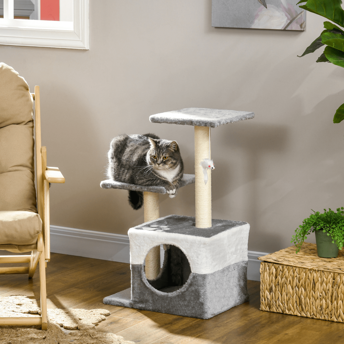 PawHut Cat Tree w/ Sisal Scratching Posts, House, Perches, Toy Mouse - Grey - AKGOmniShop