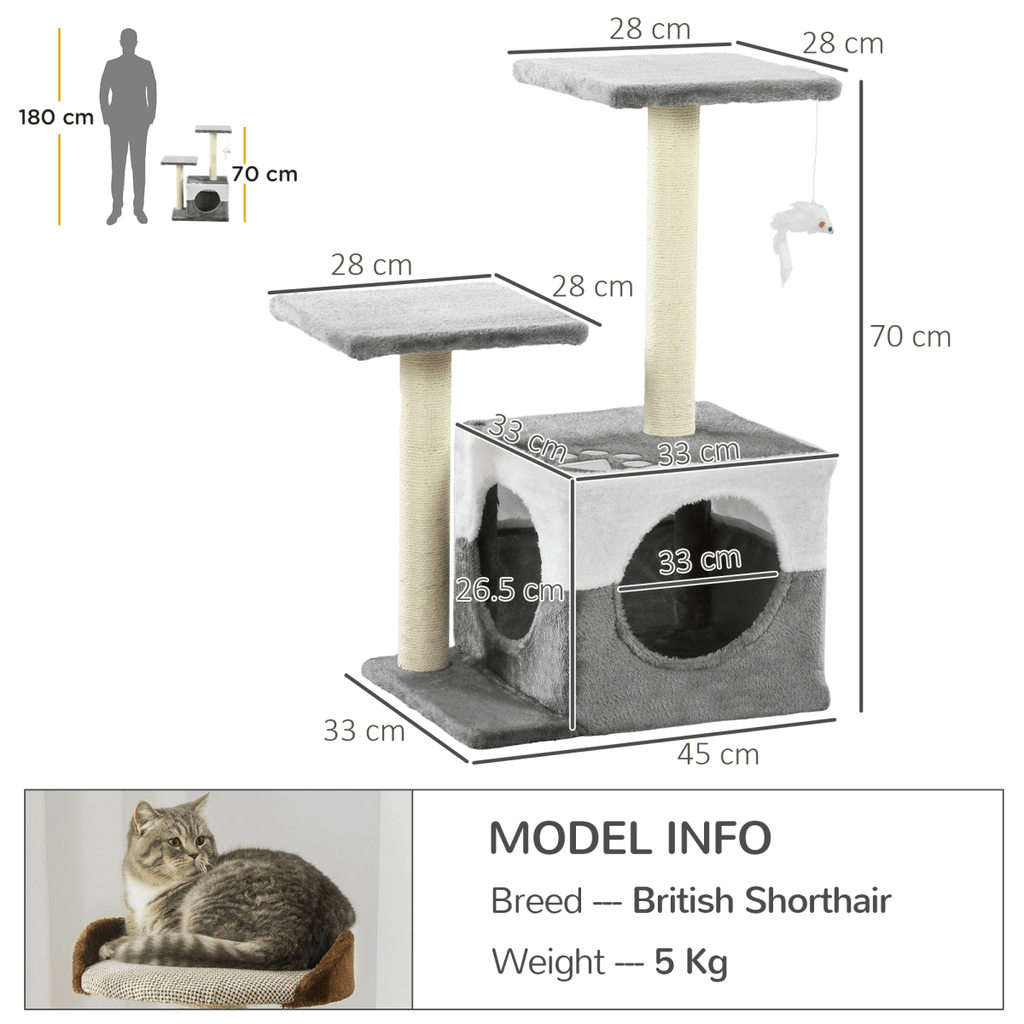 PawHut Cat Tree w/ Sisal Scratching Posts, House, Perches, Toy Mouse - Grey - AKGOmniShop