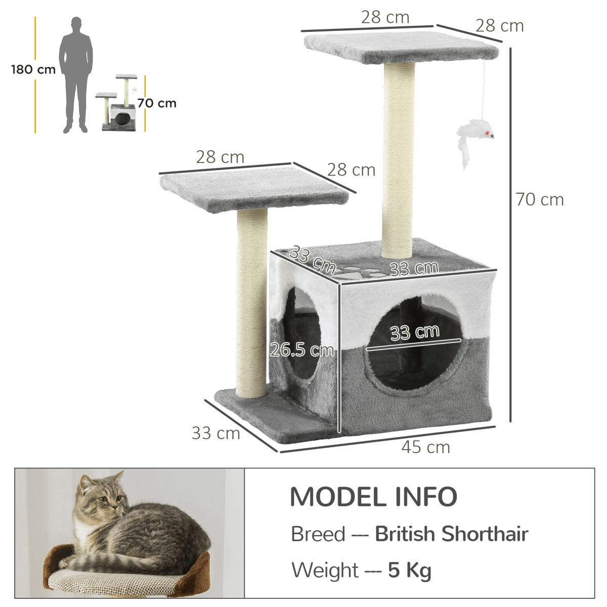 PawHut Cat Tree w/ Sisal Scratching Posts, House, Perches, Toy Mouse - Grey - AKGOmniShop