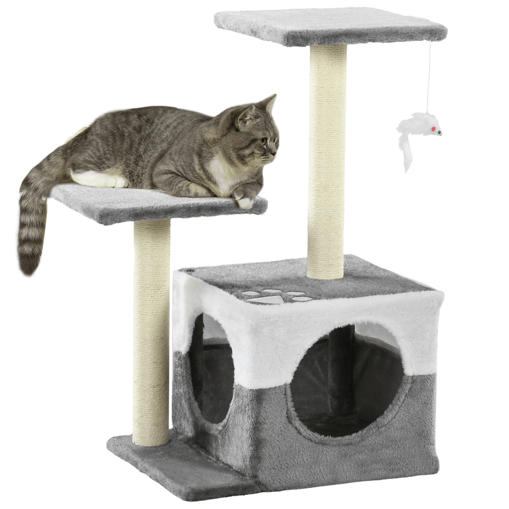 PawHut Cat Tree w/ Sisal Scratching Posts, House, Perches, Toy Mouse - Grey - AKGOmniShop