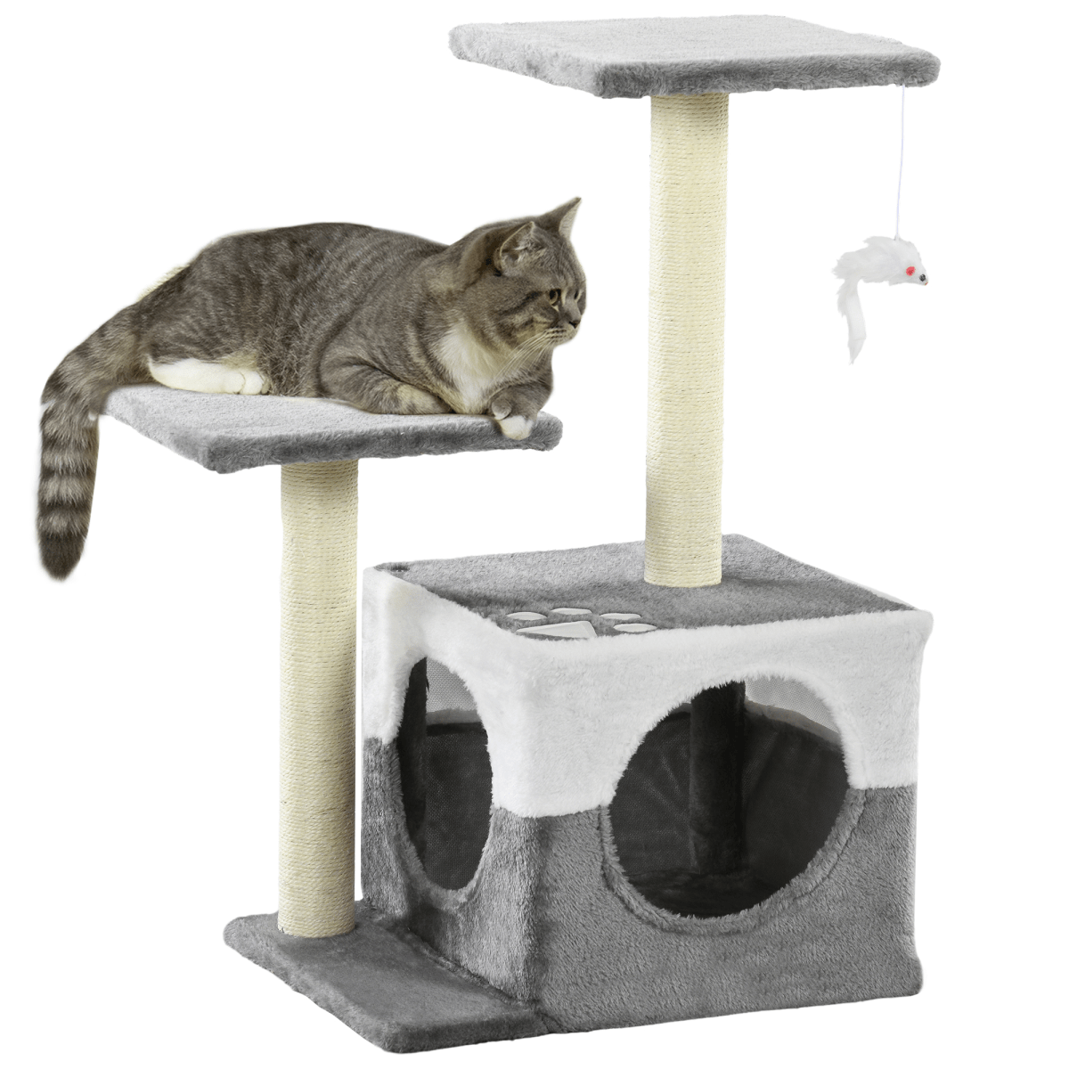 PawHut Cat Tree w/ Sisal Scratching Posts, House, Perches, Toy Mouse - Grey - AKGOmniShop