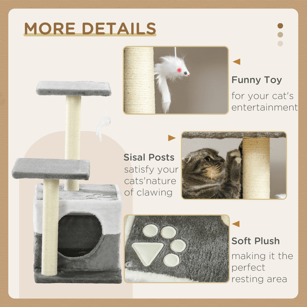 PawHut Cat Tree w/ Sisal Scratching Posts, House, Perches, Toy Mouse - Grey - AKGOmniShop