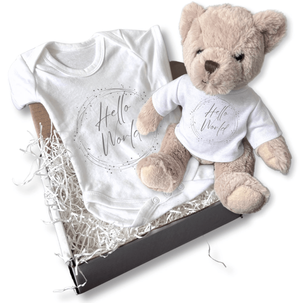 Personalized Hello World Silver Circle Gift Hamper - Teddy & Baby Vest - AKGOmniShop