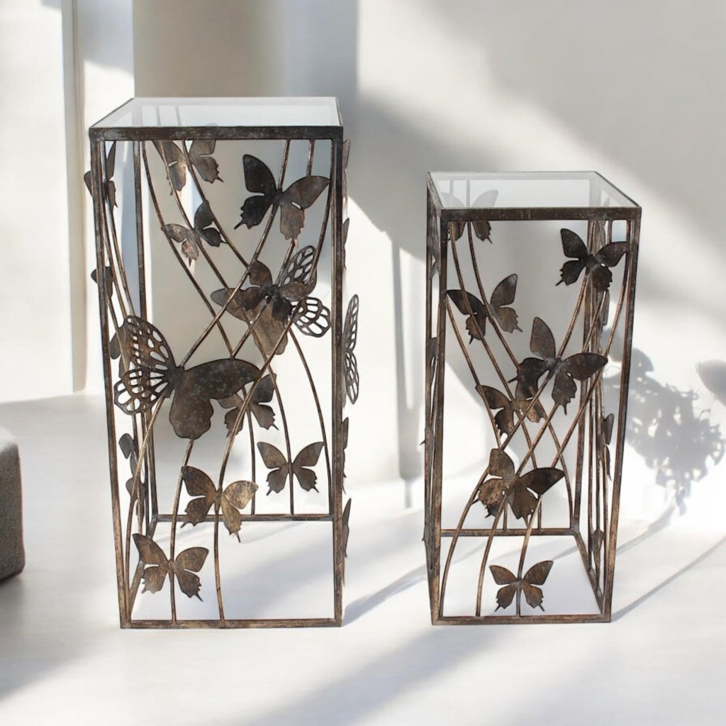 Set of 2 Metal Tables with Butterfly Design - 75cm & 64cm - AKGOmniShop