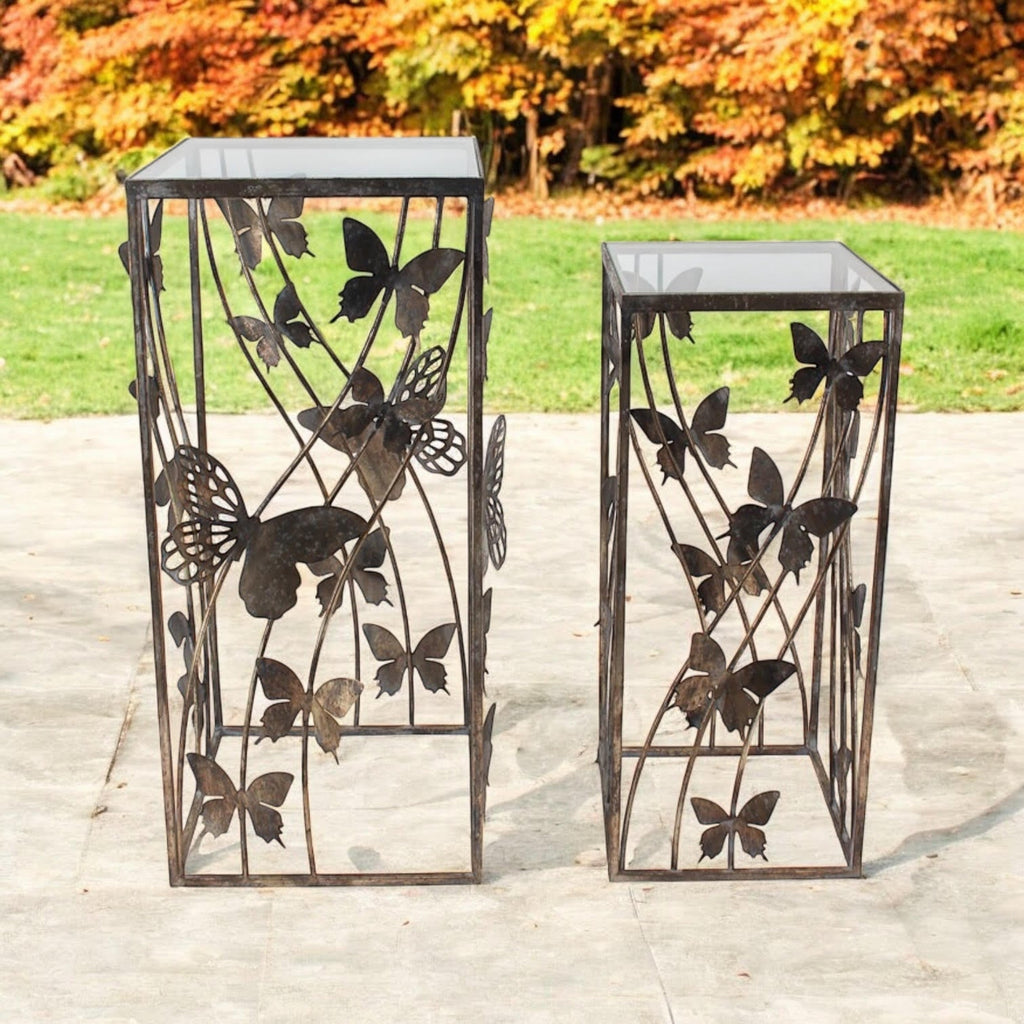 Set of 2 Metal Tables with Butterfly Design - 75cm & 64cm - AKGOmniShop