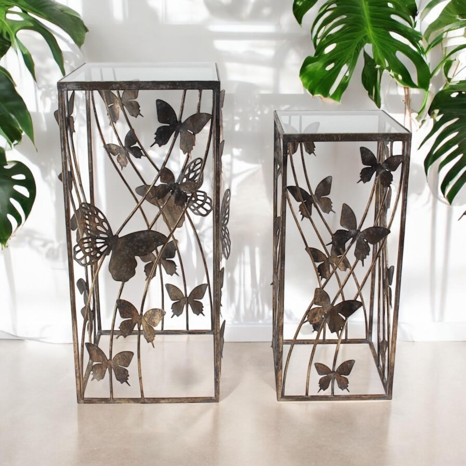Set of 2 Metal Tables with Butterfly Design - 75cm & 64cm - AKGOmniShop