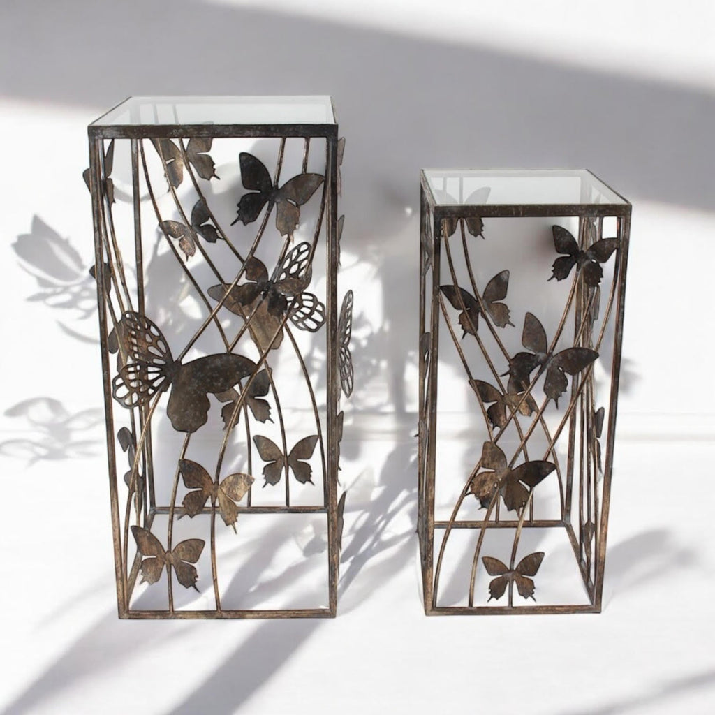 Set of 2 Metal Tables with Butterfly Design - 75cm & 64cm - AKGOmniShop