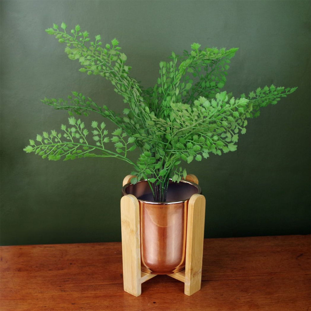 Gold Ceramic Planter on Bamboo Stand – Elegant Plant Pot