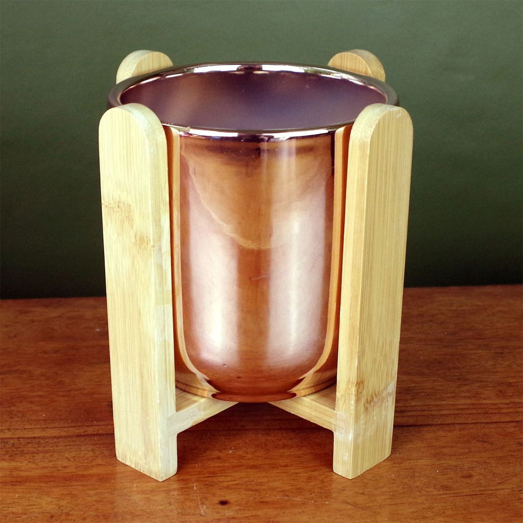 Gold Ceramic Planter on Bamboo Stand – Elegant Plant Pot