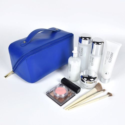 Blue Faux Leather Cosmetic Bag - Sleek Travel Toiletry Organizer